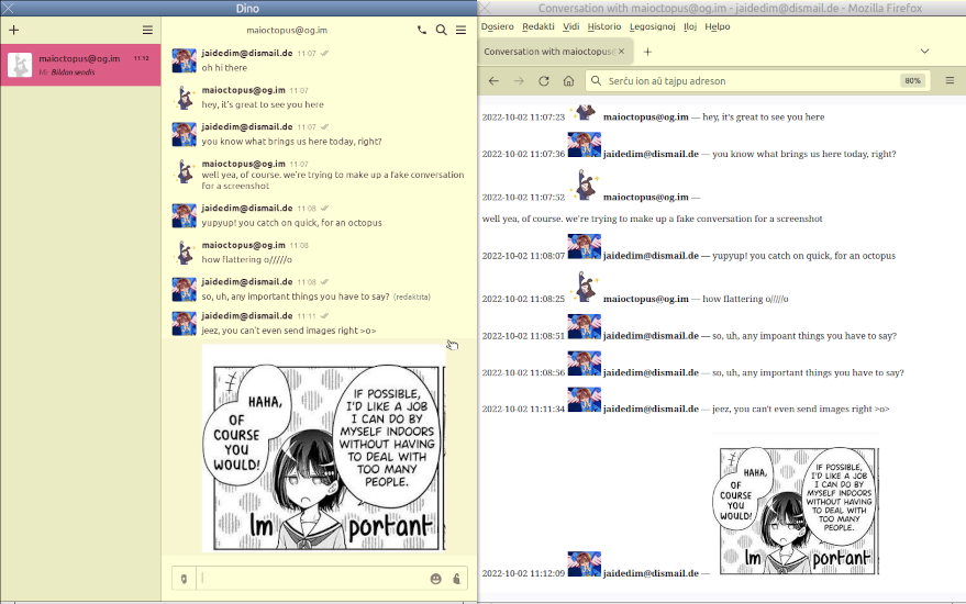 A screenshot of the same conversation two windows: Once in Dino, and once in HTML format displayed in Firefox.