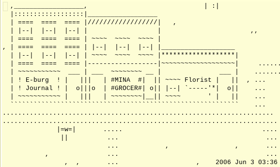 A screenshot from the game. The player character stands on a town street, which contains three buildings: “E-burg Journal”, “MINA GROCER”, and a “Florist”.