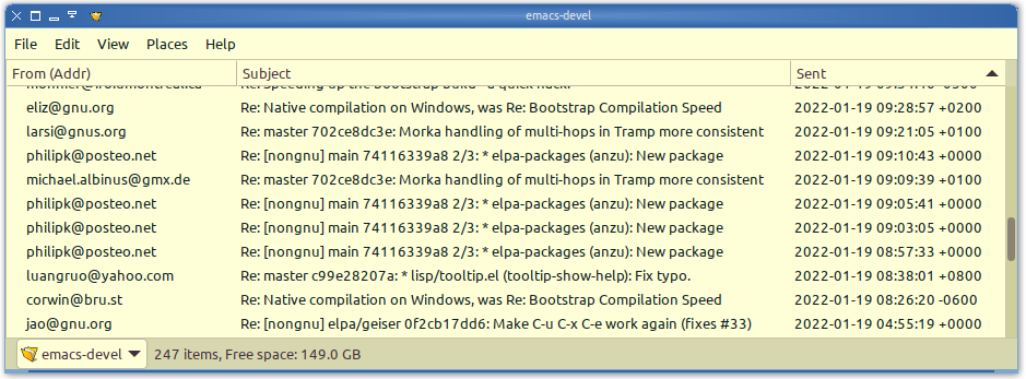 A screenshot of the file-manager Caja displaying several email files from the emacs-devel mailing list three separate columns: From; Subject; and Sent.